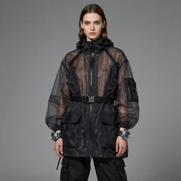 a cgi rtx hdr portrait of a beautiful russian girl detailed features wearing an anorak designed by balenciaga utility chic, sheer fabrics, zippers, belts & velcro galore, big techno watches, cargo pants by by jesper ejsing, feng zhu and loish