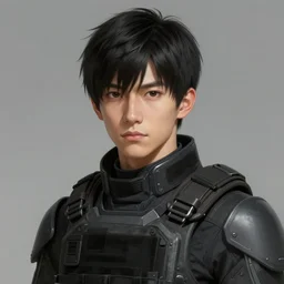 portrait of an human by ayami kojima, he is about 2 0 years old, british, manly, straight jaw, black hair, and he is wearing a modern tactical gear, scifi, highly detailed portrait, digital painting, artstation, concept art, smooth, sharp foccus ilustration, artstation hq