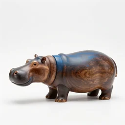 a zoomed out studio product shot of a rounded carved smooth cherry wood and resin hippopotamus in profile, like a catalog photograph, where distinct sections of the carving are blue resin, but is mostly wood, with a smooth featureless minimalist short wooden nose with no nostrils, and a round minimalist behind