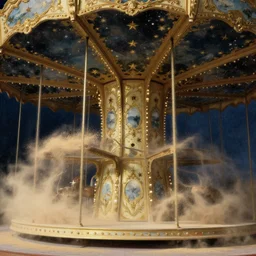 carousel showing the stars, lower half turning to sand dust, stoic, light dust, magnificent, hyperdetailed, theatrical, close up, masterpiece, painted by jean honore fragonard and greg rutkowski