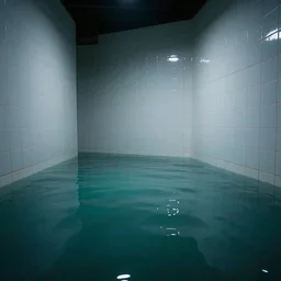 a room flooded with blue green water, curved hallway, white ceramic tiles, dark, surreal, liminal,