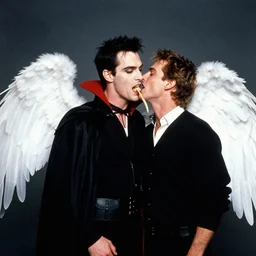 James Marsters dressed as the Vampire Spike, from Buffy the vampire Slayer, bites David Boreanaz, dressed as Angel on the Throat photographed in the Style of Annie Leibovitz, Studio Lighting