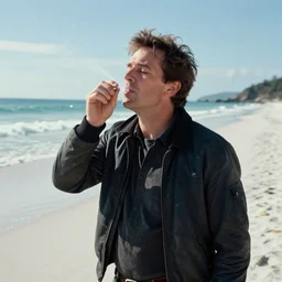 a portrait of a interstellar hitchhiker john malkovich on a brilliant marble - sanded beaches of santraginus, inhaling the heady sea vapors, hyperrealistic, artstation, cinematic light, lars von trier
