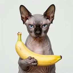 photographic portrait of a wrinkly sad hairless cat holding a banana, by max ernst and alfred pellan