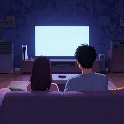 backview of a couple sitting on a sofa watching tv in a a tastefully decorated living room with gaming consoles and a radio set up anime background, wallpaper, featured on artstation, 2 d anime, detailed line artwork, wallpaper, dark blueish purple theme. 4 k
