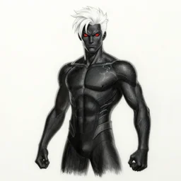 a black, electricity themed superhero with white hair and red eyes. Drawn by Geoffroy Thoorens. Raphael Lacoste. Kuvshinov ilya
