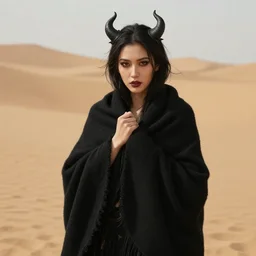beautiful demon woman wearing only a black blanket in a desert