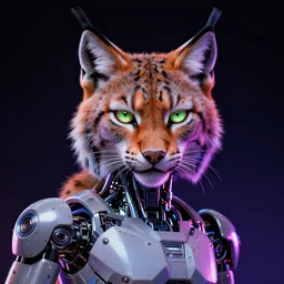 a maximalist very detailed antropomorphic humanoid android with a head of a lynx. lowbrow blacklight color palette. artwork by subjekt zero