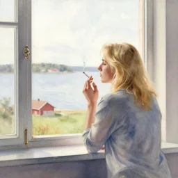 blonde woman smoking a cigarette while looking out through the window, swedish countryside, seaview, morning, calm, watercolor painting by vladimir volegov