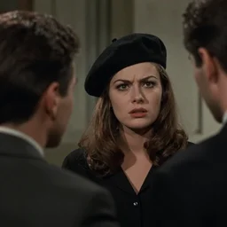 still from a masterpiece 1 9 6 0 s french art film, very beautiful and elegant girl in beret with large eyebrows with an angry expression while talking to a man, moody lighting, viewed from afar, cinematic shot, the movie is in color