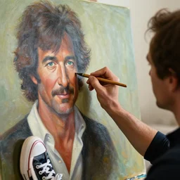 a closeup photorealistic photograph of bob ross putting the finishing touches on a canvas painting of kenny powers. kswiss shoes. film still. brightly lit scene. this 4 k hd image is trending on artstation, featured on behance, well - rendered, extra crisp, features intricate detail, epic composition and the style of unreal engine.