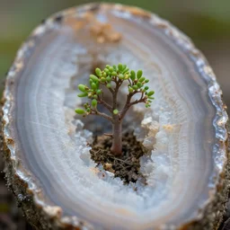 a small geode tree growing out of half a geode, close up