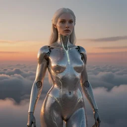 biblical female android, hexagonal pattern on skin, glowing veins, in clouds, sunset, portrait by wayne barlowe, by peter elson, by anato finnstark, studio lighting, muted colors, by frank frazetta, extreme detail, reflections, trending on artstation, 8 k