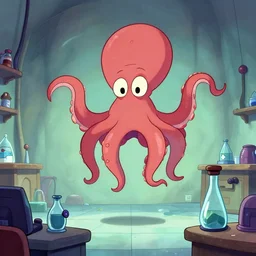 cartoonish lab similar to dexter's laboratory with a large octopus floating in the center