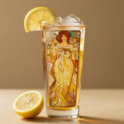 ice - t, tall iced tea glass, hybrid, by alfons mucha, golden hour, realistic, sharp focus, 8 k high definition, insanely detailed, intricate, elegant, lemon