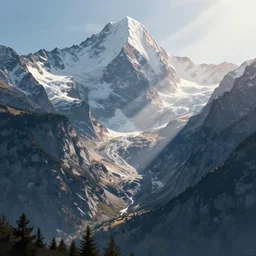 beautiful alps landscape, godrays, magnificent, luxury, detailed, sharp focus, close up, low angle, high detail, volumetric, illustration, cold lighting, by jordan grimmer and greg rutkowski, trending on artstation, pixiv