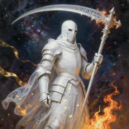 breathtaking detailed soft painting of white grim reaper knight in medieval armor, gauze dress of fireflies and art nouveau scythe of embers, rembrandt style, in a nebulae galaxy with golden ribbons flying in flames, elegant, highly detailed, artstation, concept art, matte, sharp focus, art by Anato Finnstark, Richard Kane Ferguson and Greg Rutkowski