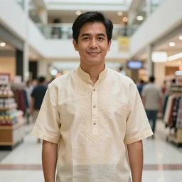 Filipino George Costanza wearing a barong tagalog and standing in a Filipino mall, portrait, by Gregg Araki