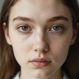“ attractive thin beautiful brown hair young caucasian woman close up wearing shirt, soft, cute, modern style, 1 5 0 mm f 2. 8, extreme close up face shot, hasselblad, art, brian ingram, steve mccurry, high quality, symmetry, clear skin, 4 k, dramatic lighting, award winning, eye reflections ”