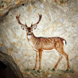 a cave painting of a deer and a 1 9 5 0 s sci - fi robot mecha. lascaux cave paintings, chauvet