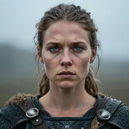 photorealistic portrait of female viking warrior with large sad blue eyes, dirty skin, shoulders