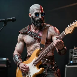 sunglasses wearing kratos rocking out on a stratocaster guitar, cinematic render, god of war 2 0 1 8, playstation studios official media, sunglasses