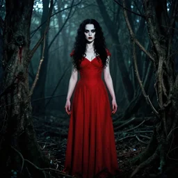 joshua middleton, wlop, full body, pretty alyson hannigan, evil dead demon, evil dead movie, red dress, symmetrical eyes, symmetrical face, long curly black hair, trees, forest, branches, cinematic lighting, evil dead creature, scary, blood