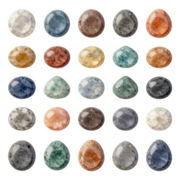 detailing asset sheet of various colored stones on white background in the style of matte painting, 2 d, grid