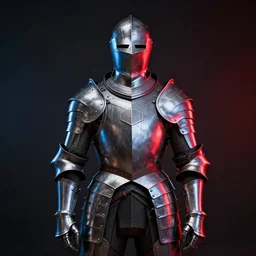 portrait of the fantasy knight in pierre raveneau style, valery klishevich, full face, silver polish armor, dark background, red and blue contrast studio light, hdr, long shot, cinematic, dramatic, cinematic, volumetric light, neon lit, ray - tracing, 4 k, fine details, unreal engine 5, digital art