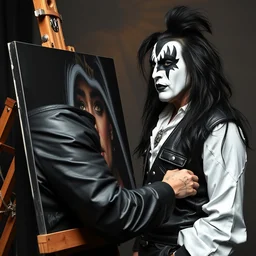 gene simmons, in full kiss makeup, stands at his easel, painting a self portrait