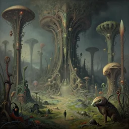 a surreal and awe - inspiring science fiction landscape, alien plants and animals, intricate, elegant, highly detailed matte painting by beksinski and simon stalenhag