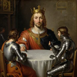 detailed face, sitting, oil painting of king arthur wearing a crown and the knight lancelot wearing armor sitting at the round table in camelot, artemisia gentileschi