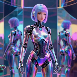 chromatic 3d ultra realistic cyborg woman in psychedellic mirror environment digital art in synthwave style