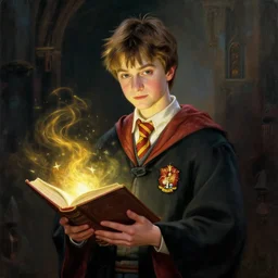 an oil painting of a portrait of a handsome hogwarts boy in hufflepuff holding glowing magic books, fairy tale, dreamy light, by wlop, greg rutkowski, thomas kinkade, super detailed, 3 d, hdr on, 4 k wallpaper