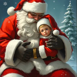 illustration of a small santa sitting in a bigger santa's lap by greg rutkowski, artgerm, artstation, perfect faces, fine details