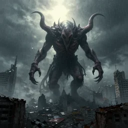 cthulhu destroying a center of post apocalyptic city kyiv, dark, trending on artstation, digital art, fog, sun flare, rain