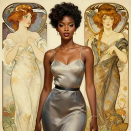 modern black woman | hyperrealistic | feminist | digital painting | trending on artstation | pinup portrait | clean | illustration | dressed | unreal engine 5 | 8 k resolution | by greg rutkowski alphonse mucha gustav klimt and mel ramos