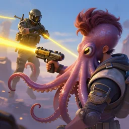 octopus with laser gun fights pubg soldier in pubg helmet, yellow laser beams, art by charles liu, don bluth, tanidareal, styled hair, profile picture, fantasy style, perfect angle, soft lighting, vibrant color scheme, ultra detailed, volumetric lighting, commission art, 8 k wallpaper