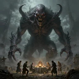 giant lovecraftian monster looms over a tiny party of 5 adventurers, high fantasy, horror, dnd, highly detailed, smooth, sharp focus, chiaroscuro, digital painting, artgerm and greg rutkowski and alphonse mucha