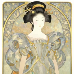 a copic maker art nouveau portrait of a japanese girl detailed features wearing a futuristic weeding puffy dress designed by balenciaga by john berkey, norman rockwell akihiko yoshida