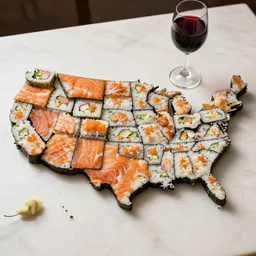 A map of the United States made out of sushi. It is on a table next to a glass of red wine