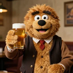 portrait photo still of real life barney gumble holding up a pint of beer, 8 k, 8 5 mm f 1. 8