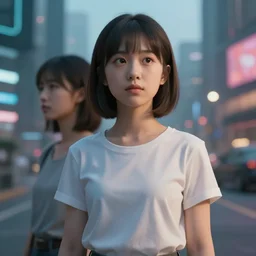 portrait of 2 2 - year - old woman with angle 9 0 ° centred looking away fresh air, strong spirit, 8 k, cinematic scene, unreal engine, background city blured futuristic