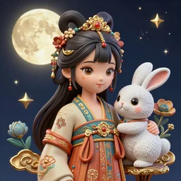 intricate richly detailed 3 d illustration of a girl in han chinese clothing with cartoon rabbit, moon night with stars background completely render by rossdraws, thomas kinkade
