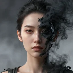 face closeup of woman, exploding into black smoke, 3 d render, hyper realistic detailed portrait, ruan jia, wlop. scifi, fantasy, hyper detailed, octane render, concept art, by peter mohrbacher, by wlop, by ruan jia