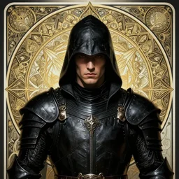 head-on symmetrical centered painted portrait, male imp assassin, black leather armour, art nouveau, tarot card style, complex fractal tarot card background, fantasy, intricate, elegant, highly detailed, smooth, sharp focus, illustration, artstation, in the style of Artgerm and Anna Podedworna and Alex Ross and Mucha