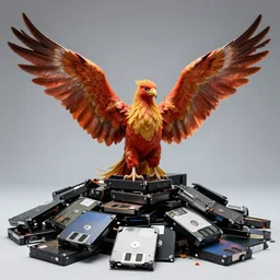 professional photograph of a phoenix with open wings sitting on a pile of hard drives and floppy disks