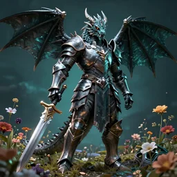 high quality 3 d neo - gothic armored human dragon hybrid holding sword in a field of flowers, highly detailed unreal engine, vitaly bulgarov dramatic dark teal light, ground angle uhd 8 k, sharp focus