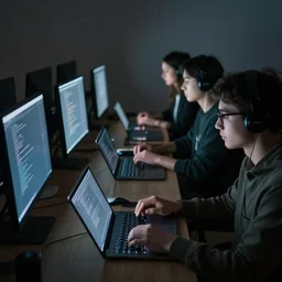 5 people writing code on laptops in a dimly lit room at night, computer screens illuminate their faces