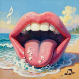 A surrealist beach shaped like a singing mouth, the waves are made musical notes, one wave is shaped like the mouths tongue, Very colorful painting 8k trending on art station, Intricate details, very realistic, cinematic lighting, volumetric lighting,